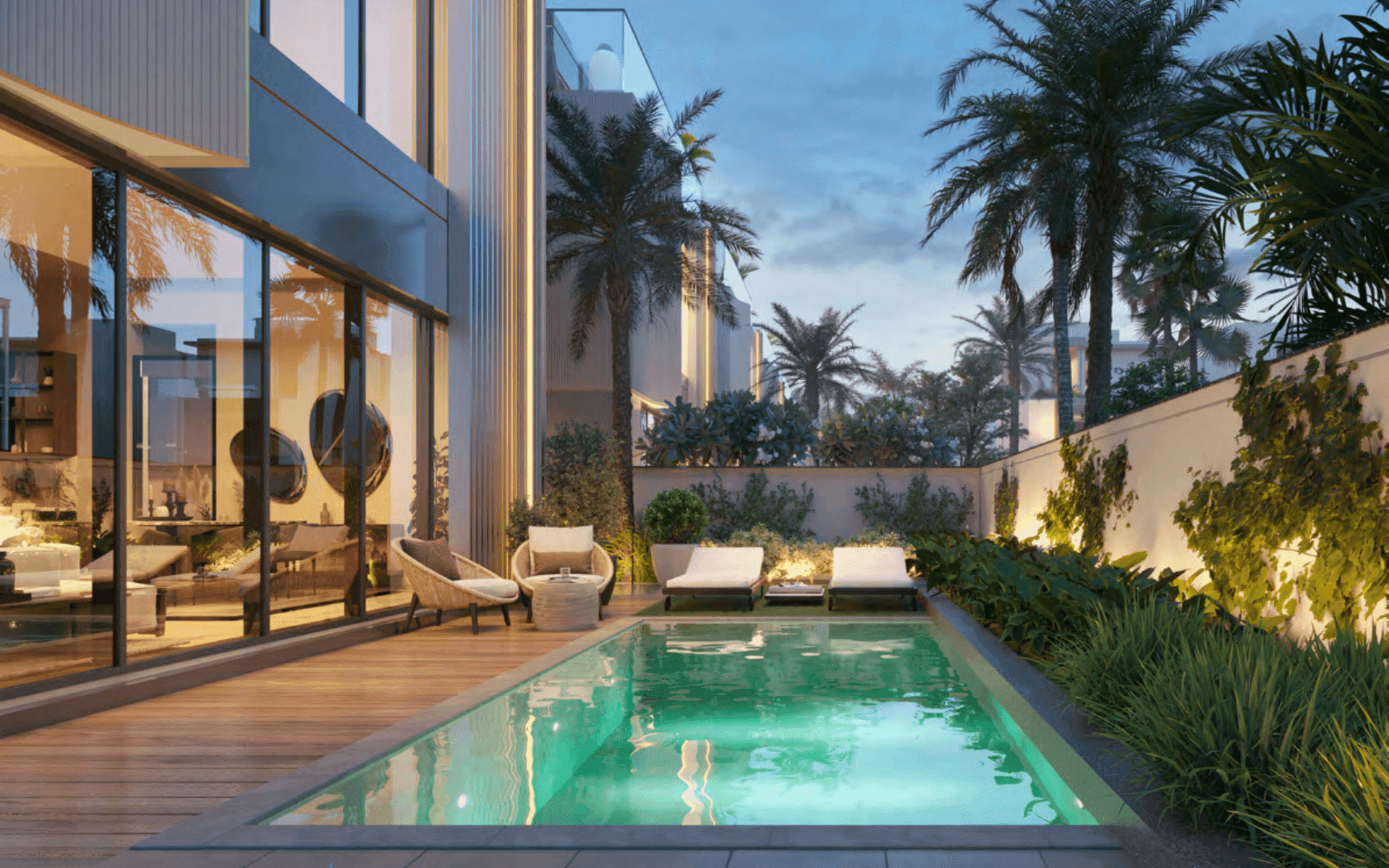 Garden and pool at dusk